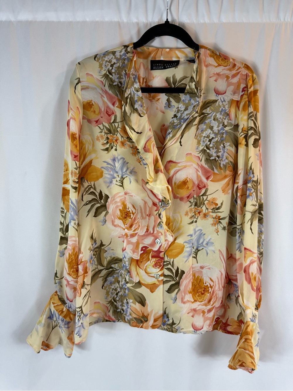 Linda Allard Floral Ruffle-Cuff Button Front Blouse in Cream, Pink & Yellow Sz:8